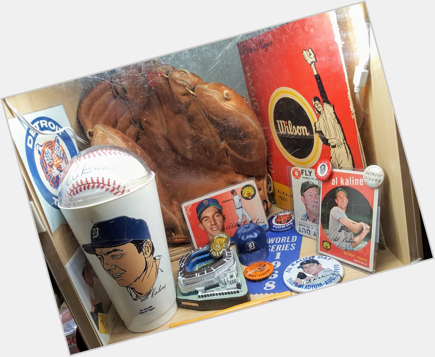 Happy Birthday to Al Kaline. Here\s my Kaline glove shrine. I have two autographed baseballs. 