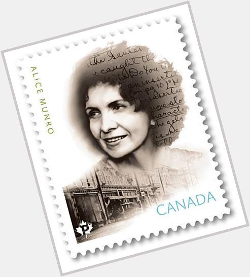 Canada Post stamp of Nobel winning author Alice Munro with handwriting in her hair. We like! Happy Birthday AM! 