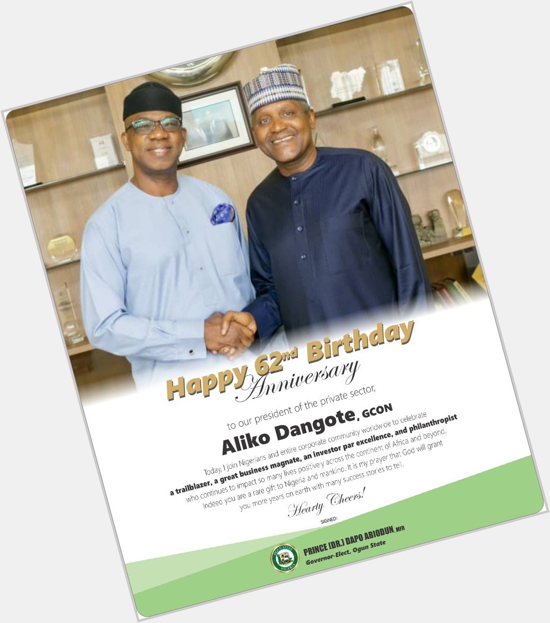 Happy 62nd birthday anniversary to our president of the private sector, Aliko Dangote GCON. 
