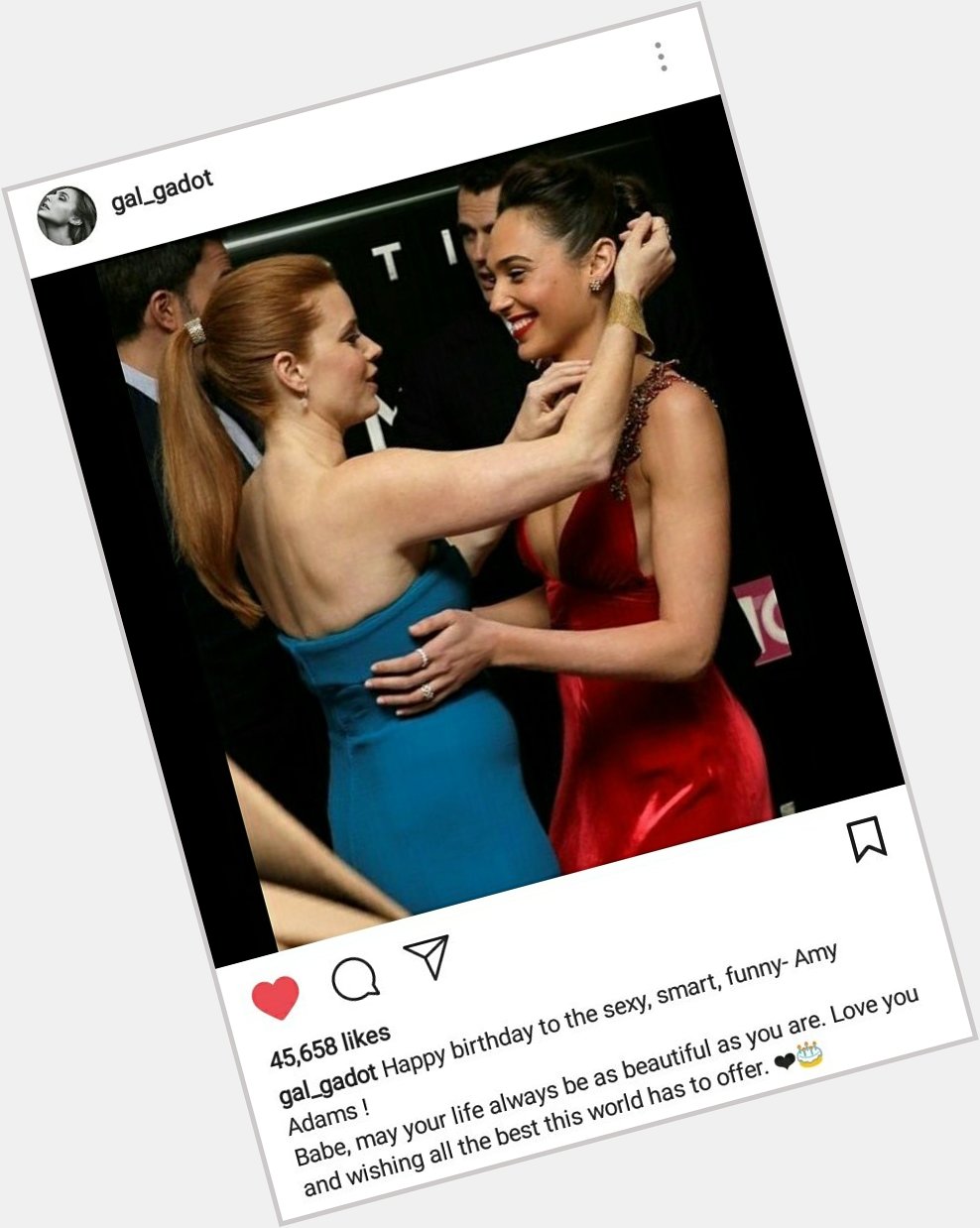 Gal greeting \"sexy, smart, funny Amy Adams\" a happy birthday. I LOVE MY MOTHERS. 
