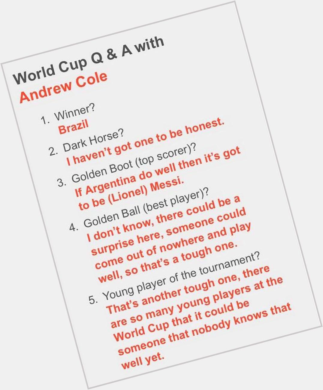 Happy 44th birthday to Andrew \Andy\ Cole. Throwback to our hard-hitting interview with him before World Cup 2014. 