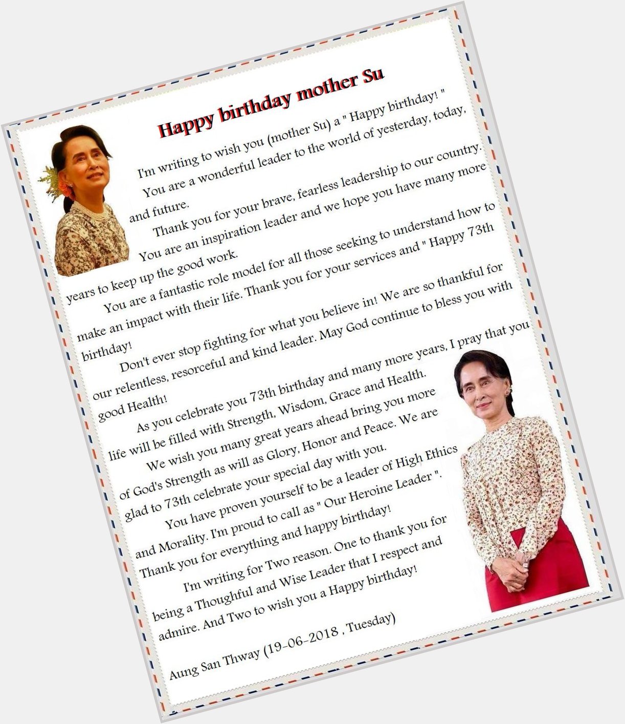 Happy birthday Daw Aung San Suu Kyi
 