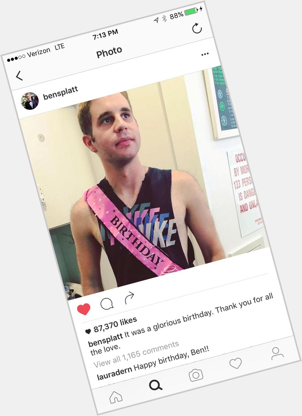 Kink: Laura Dern wishing Ben Platt a happy birthday on instagram 