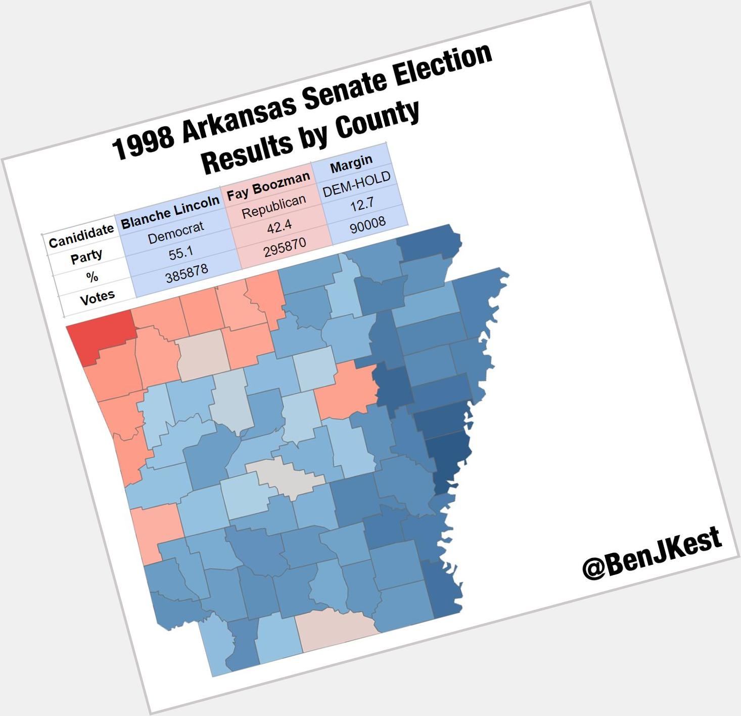 Happy Birthday to former senator Blanche Lincoln(D-AR). Here is map of her 1998 election to the Senate. 