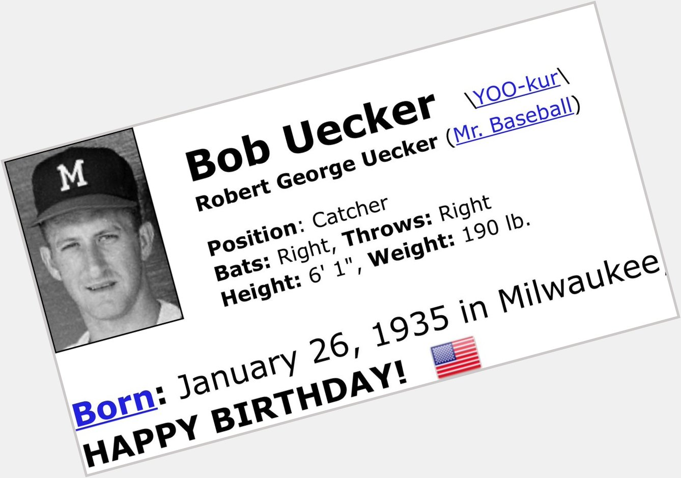Happy 82nd birthday to former Milwaukee & Atlanta (& Cards & Phils) catcher Bob Uecker! 