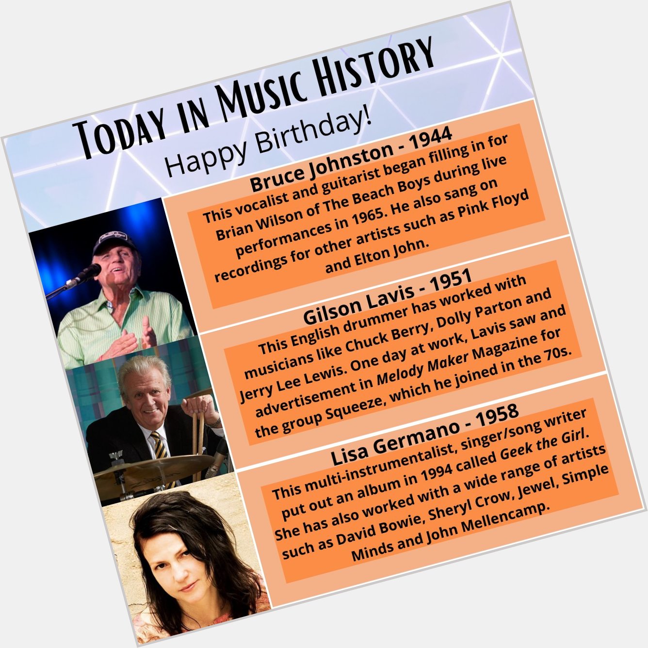 Happy Birthday to Bruce Johnston, Gilson Lavis and Lisa Germano! 