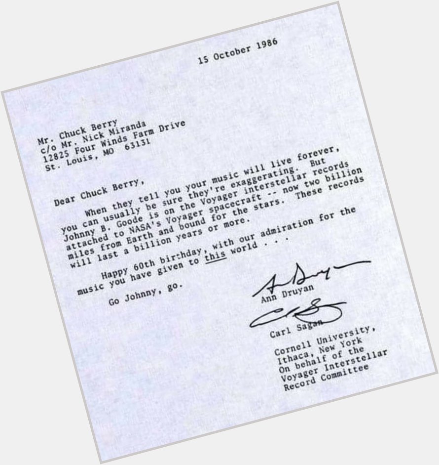 Carl Sagan and Ann Druyan wish Chuck Berry a happy 60th birthday in 1986. 