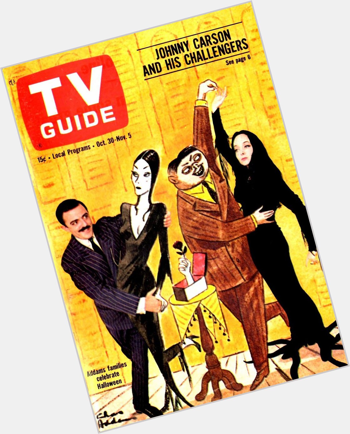 Happy birthday to Carolyn Jones - TV GUIDE - 10/30/1965 - Illustration by Charles Addams 