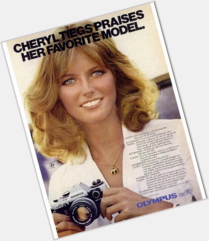 Happy 67th Birthday to todays über-cool celebrity w/an über-cool camera: CHERYL TIEGS in a 1980 Olympus OM-10 ad 