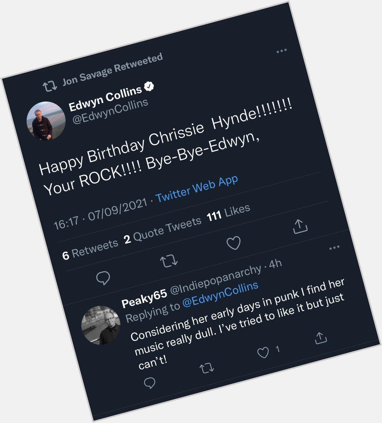 Edwyn Collins: happy birthday to Chrissie Hynde! You ROCK!!!

Man on internet: 