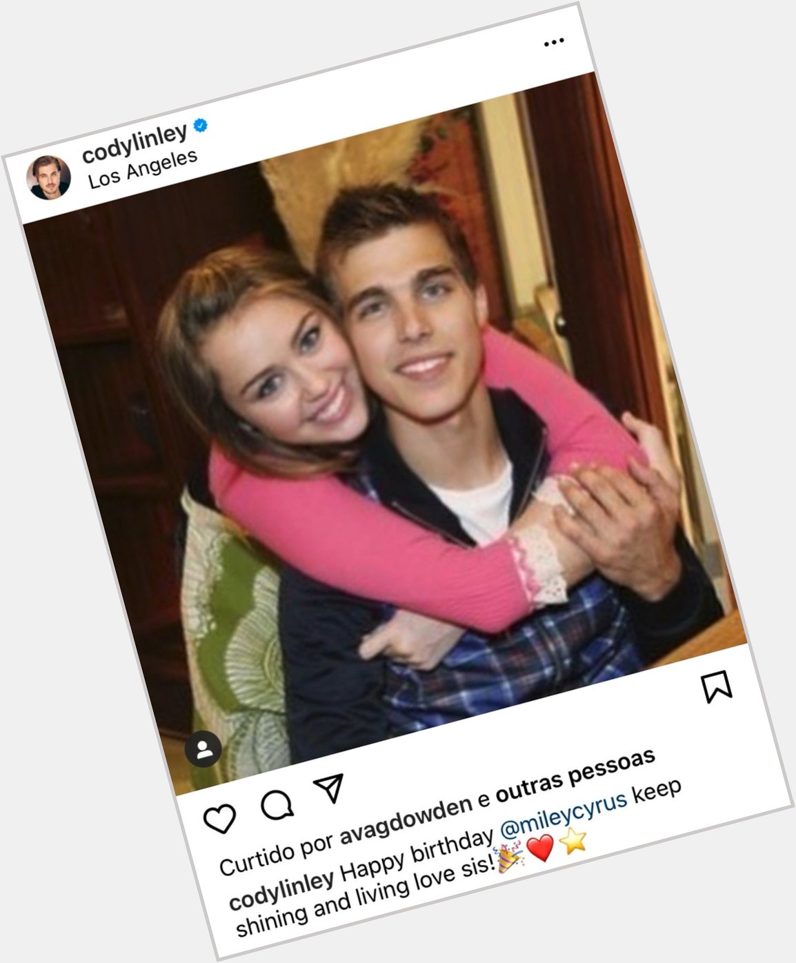 Cody Linley just wished a Happy Birthday to Miley on Instagram Keep shining and living love sis  