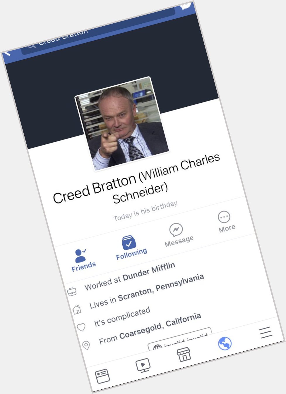 Randomly log onto Facebook and see I m friends with Creed Bratton? Anyway Happy Birthday Creed!! 