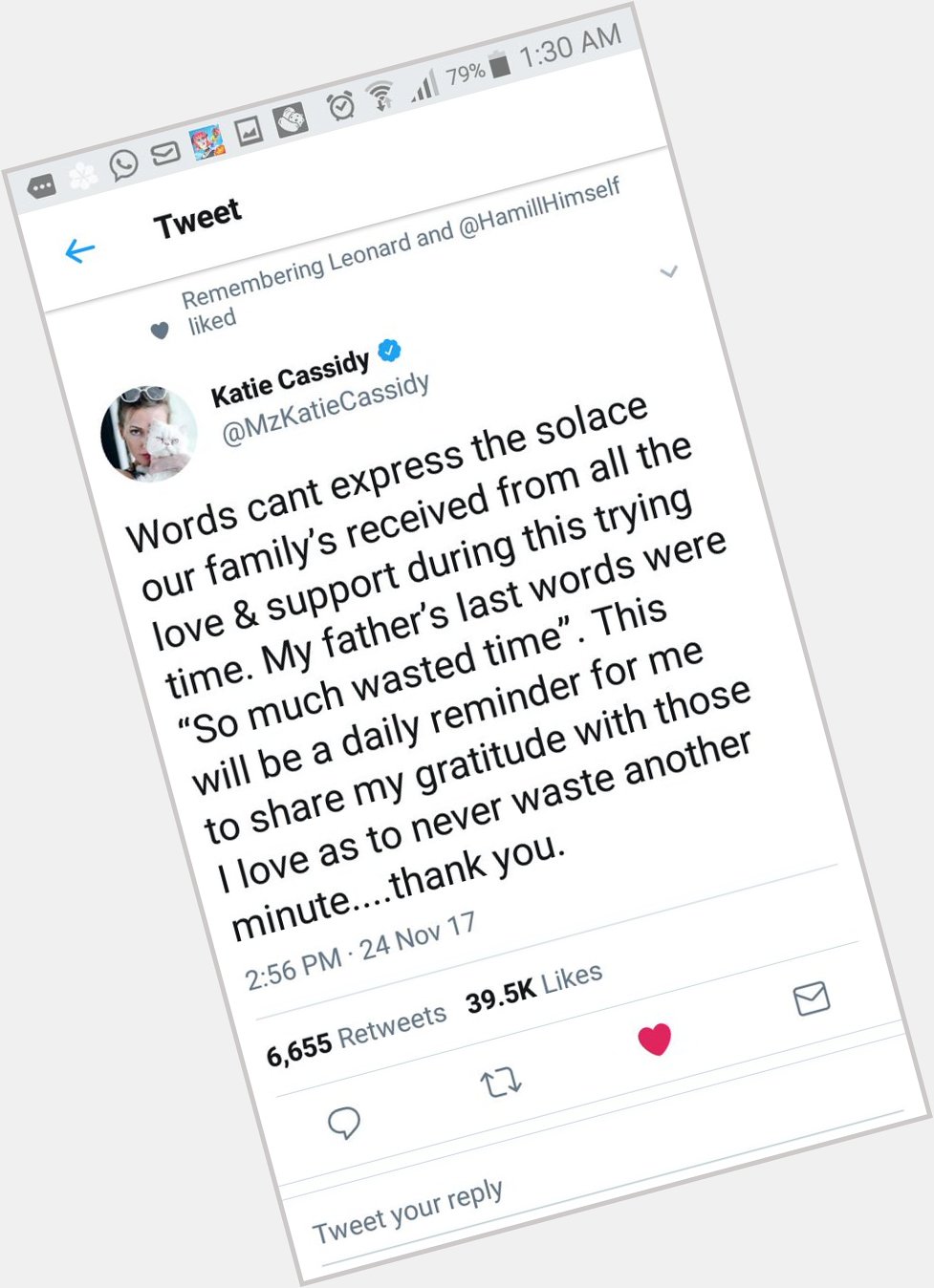  I took a screen shot of his daughter\s message. I will never delete it. Happy birthday, David Cassidy. 