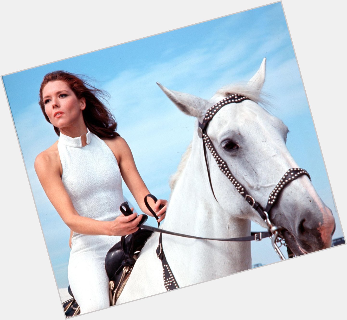Happy 79th birthday, Diana Rigg. Here s Emma Peel riding a matching white horse. 