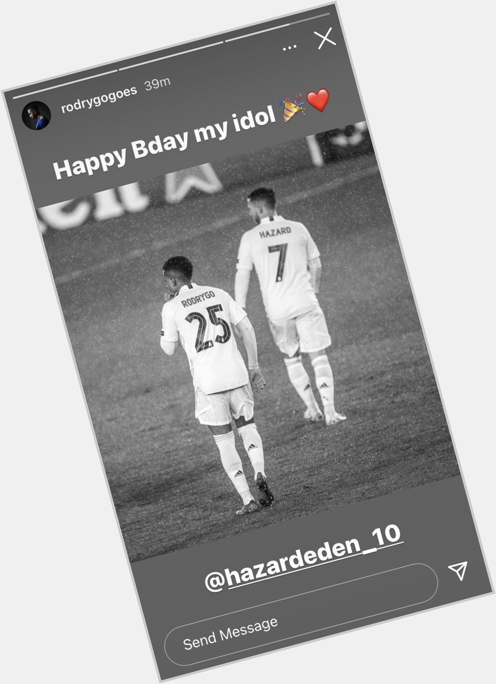 Rodrygo wishing Eden Hazard a happy birthday on Instagram  