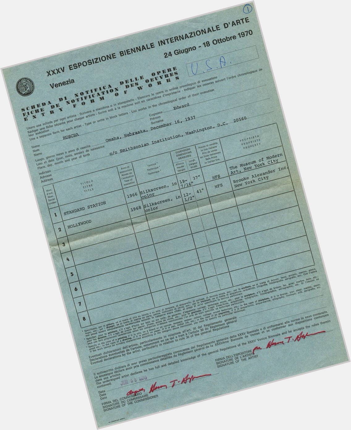 At his first Edward Ruscha was 33 years old!
Happy Birthday! Entry form of works 