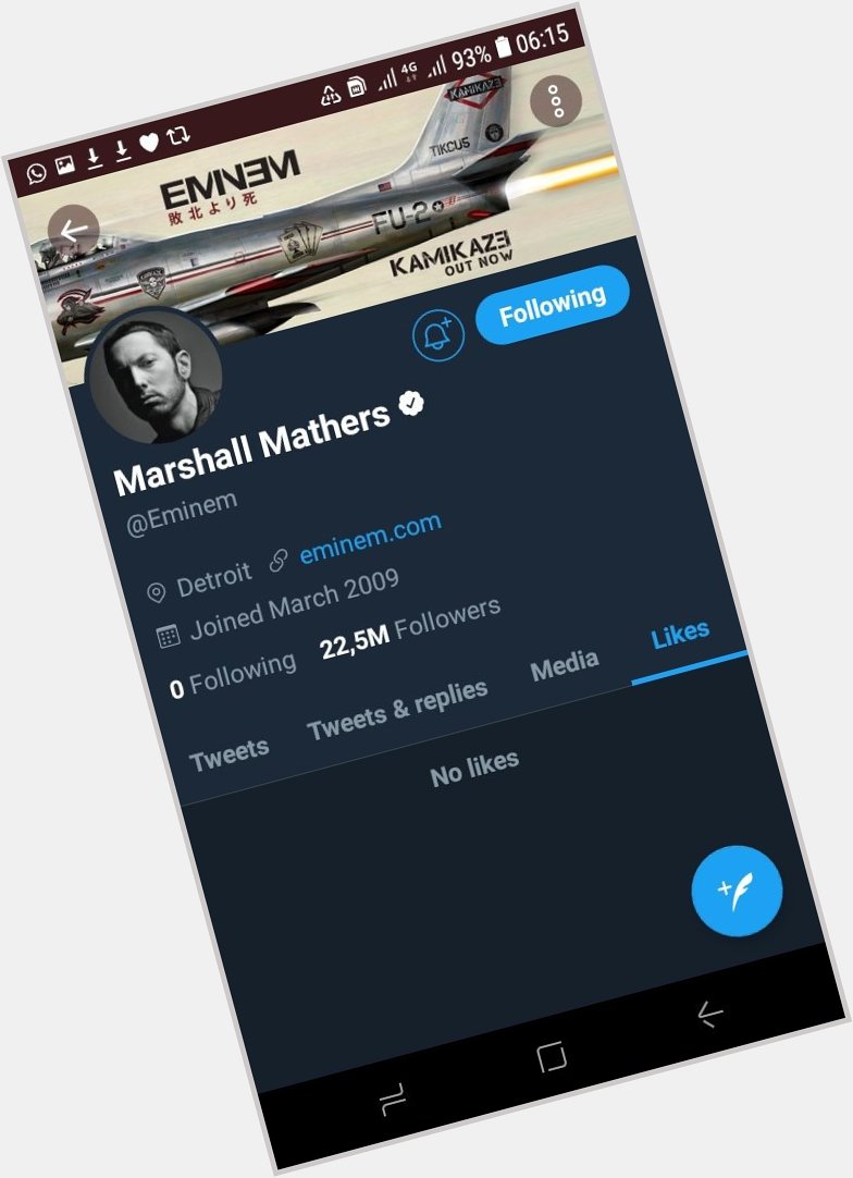 0 Following & No likes. Eminem is living in his own world anyway Happy birthday King of Rap. 