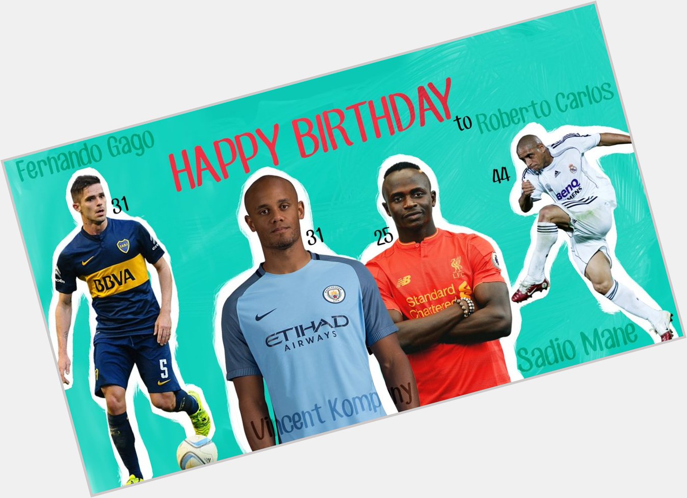 Happy Birthday to Roberto Carlos (44), Vincent Kompany (31), Fernando Gago (31), and Sadio Mane (25) !! 