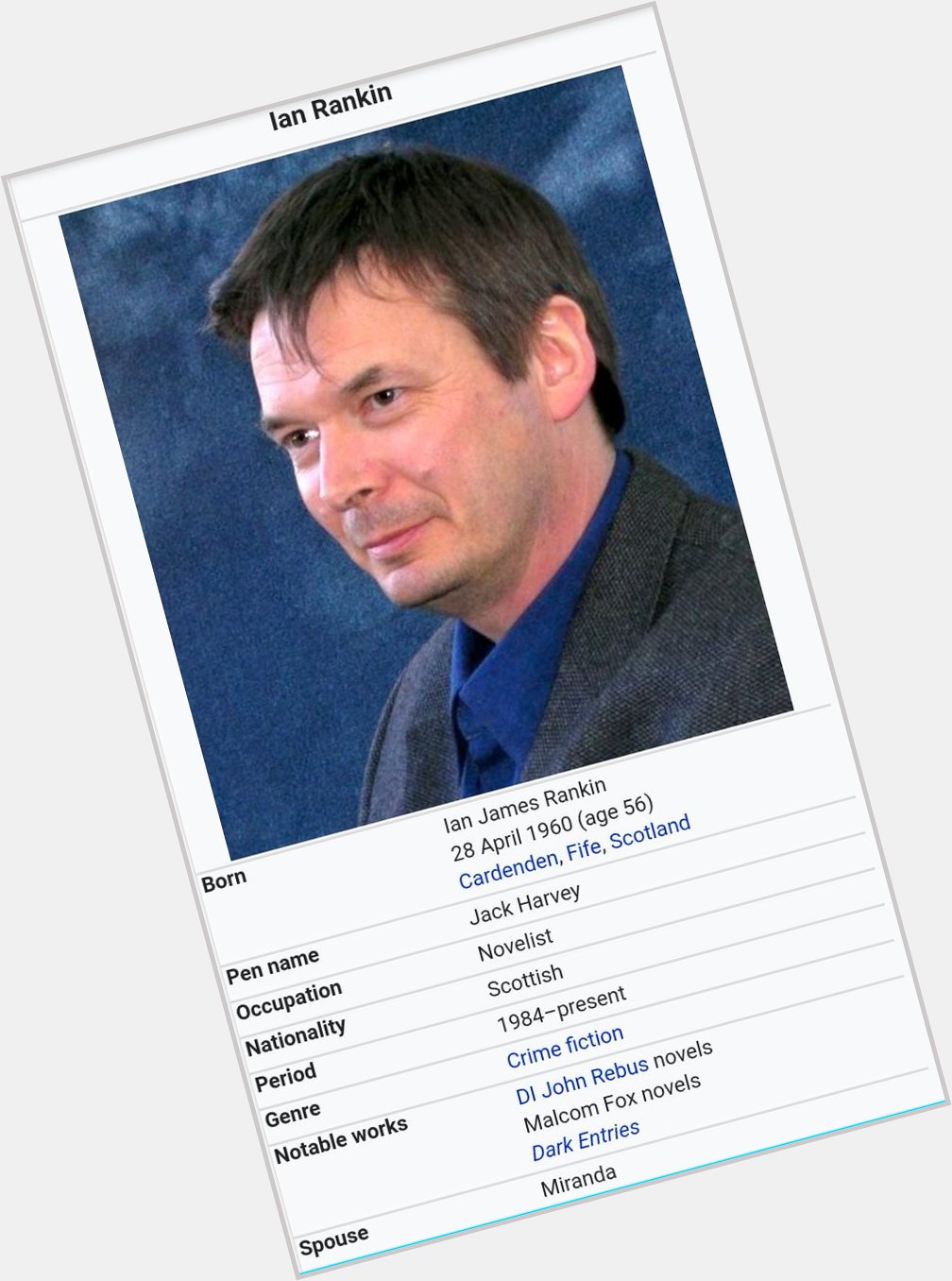 Happy birthday to Scottish crime writer, Ian Rankin. His most popular books are about Edinburgh detective \"Rebus\". 