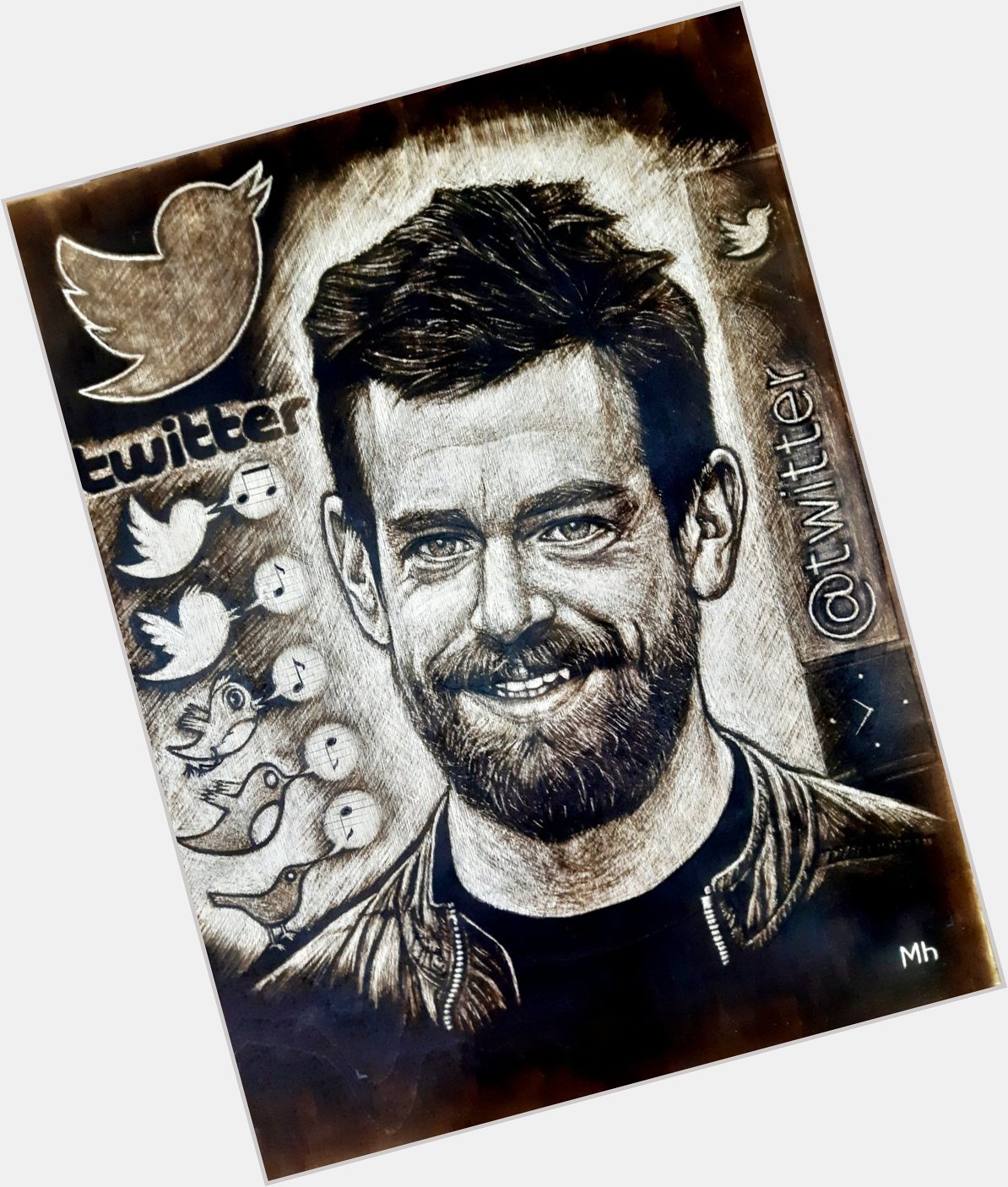Jack Dorsey,message\s birds singing \"Happy Birthday\".
Portrait made by scalpel on veneer. Thank you for \"message\"! 