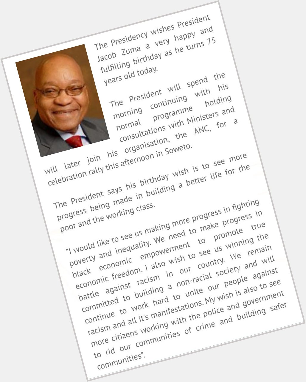  wishes president Jacob Zuma a happy birthday day. 