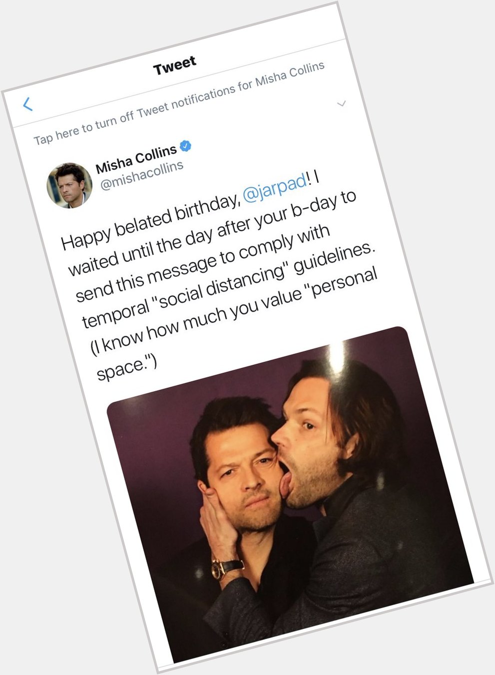 Misha fixed his message today. Also Happy birthday to Jared padalecki!   