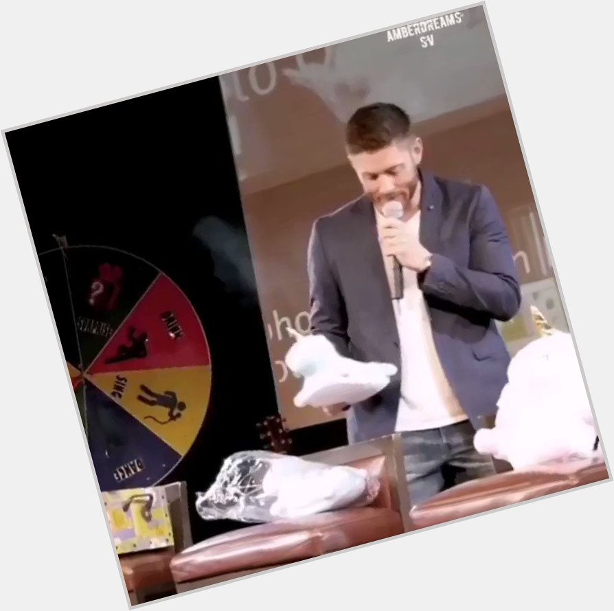 Happy birthday jensen ackles  here he is talking to unicorn slippers
 
