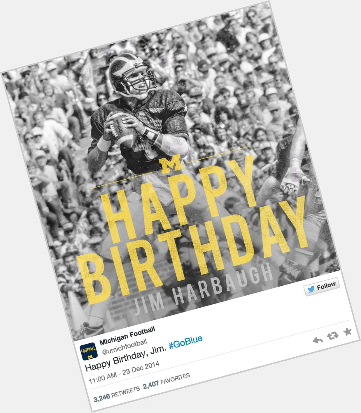   Michigan messageed a happy birthday to 49ers coach Jim Harbaugh today. Hmmmm »   so ?