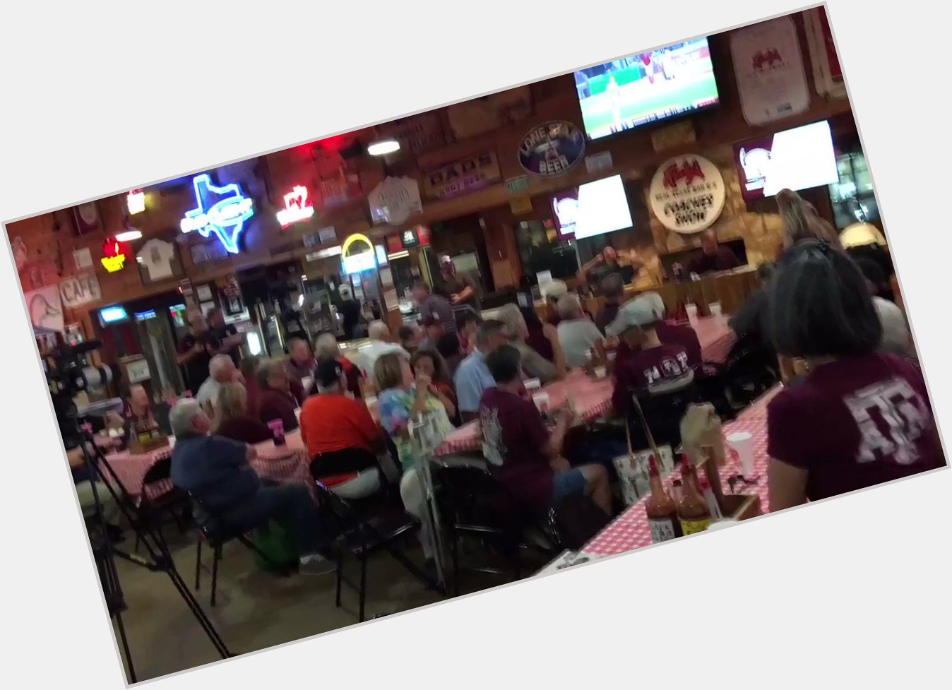 Crowd busts into Happy Birthday at Rudy s BBQ for Jimbo Fisher s big 54th, during weekly radio show on Wednesday: 