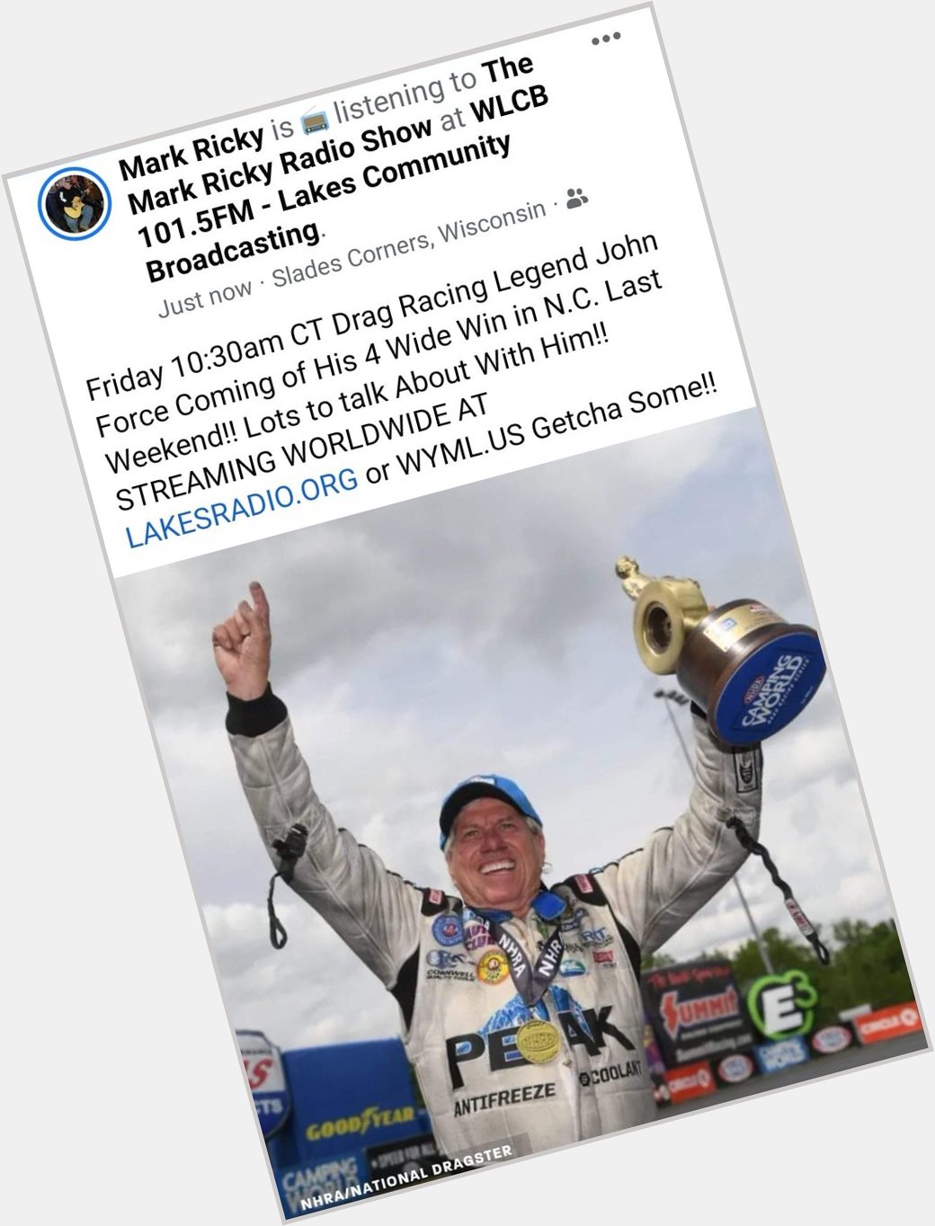 Happy Birthday John Force!!    He Will be on Friday Morning!! Follow Me!! 