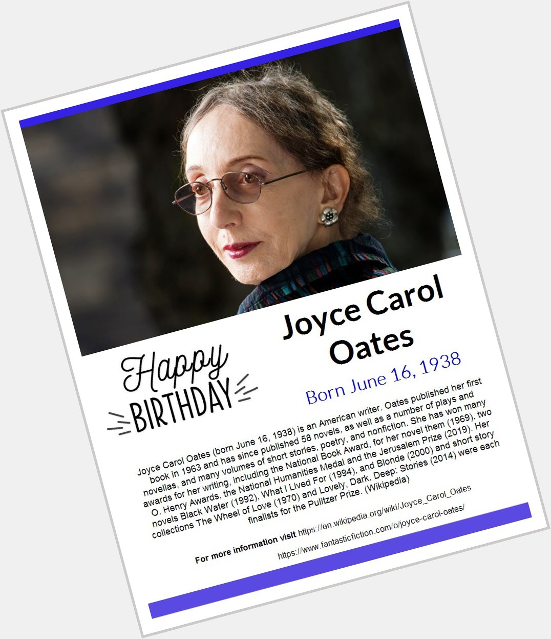Happy Birthday Joyce Carol Oates!  