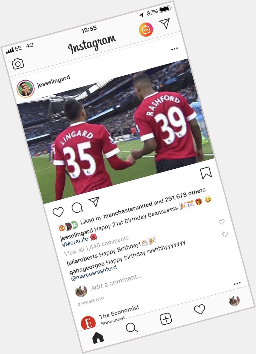 Things you don t expect to see: Julia Roberts wishing Marcus Rashford Happy Birthday on Jesse Lingard s insta page. 
