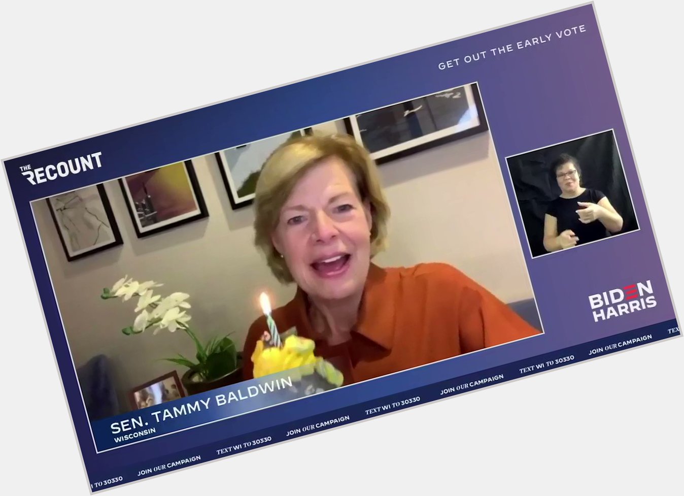 Sen. Tammy Baldwin (D-WI) presents Kamala Harris with a cupcake over Zoom to wish her a happy birthday. 