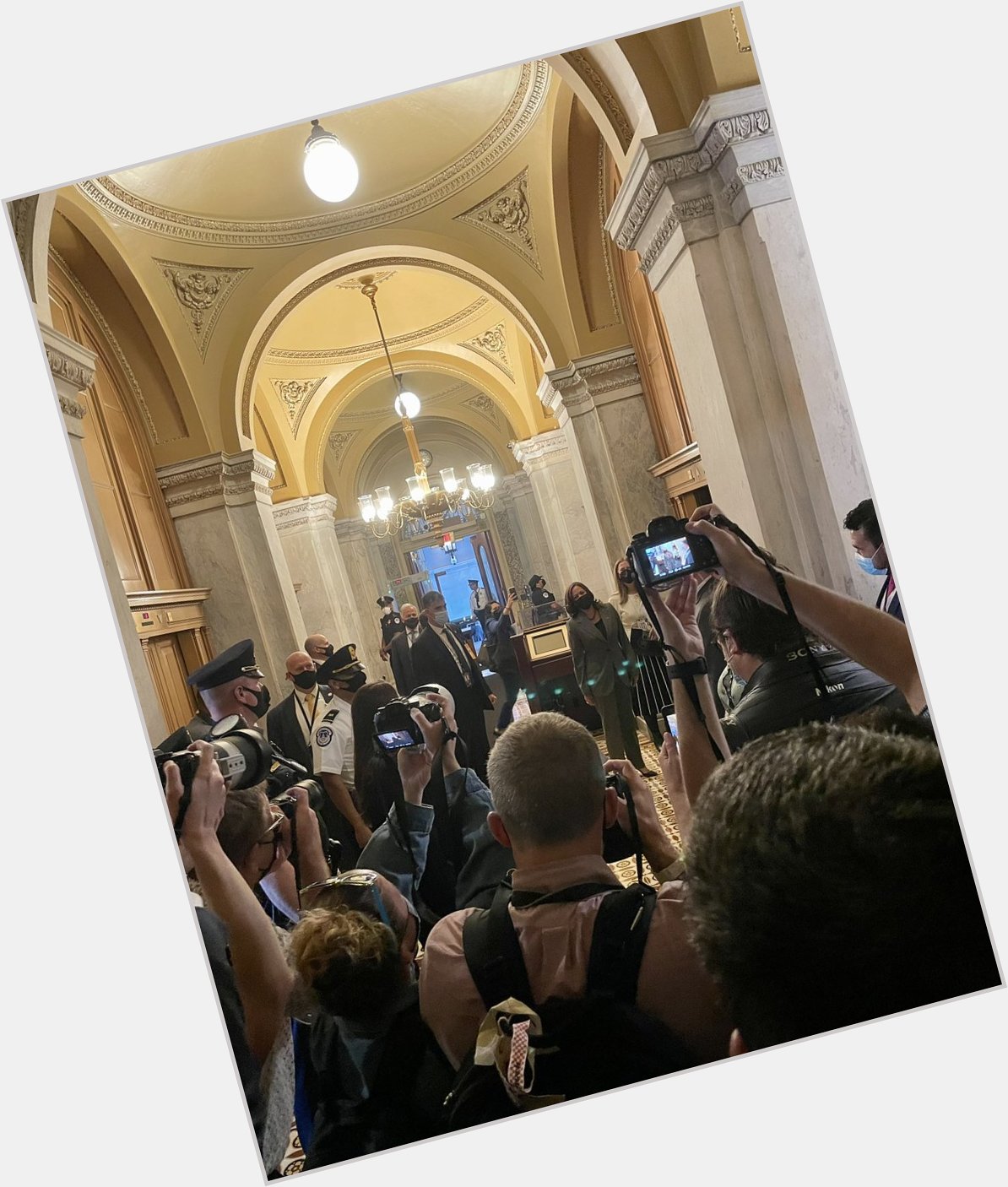Staff starts singing Happy Birthday as VP Kamala Harris enters the Capitol. She is 57 today. 