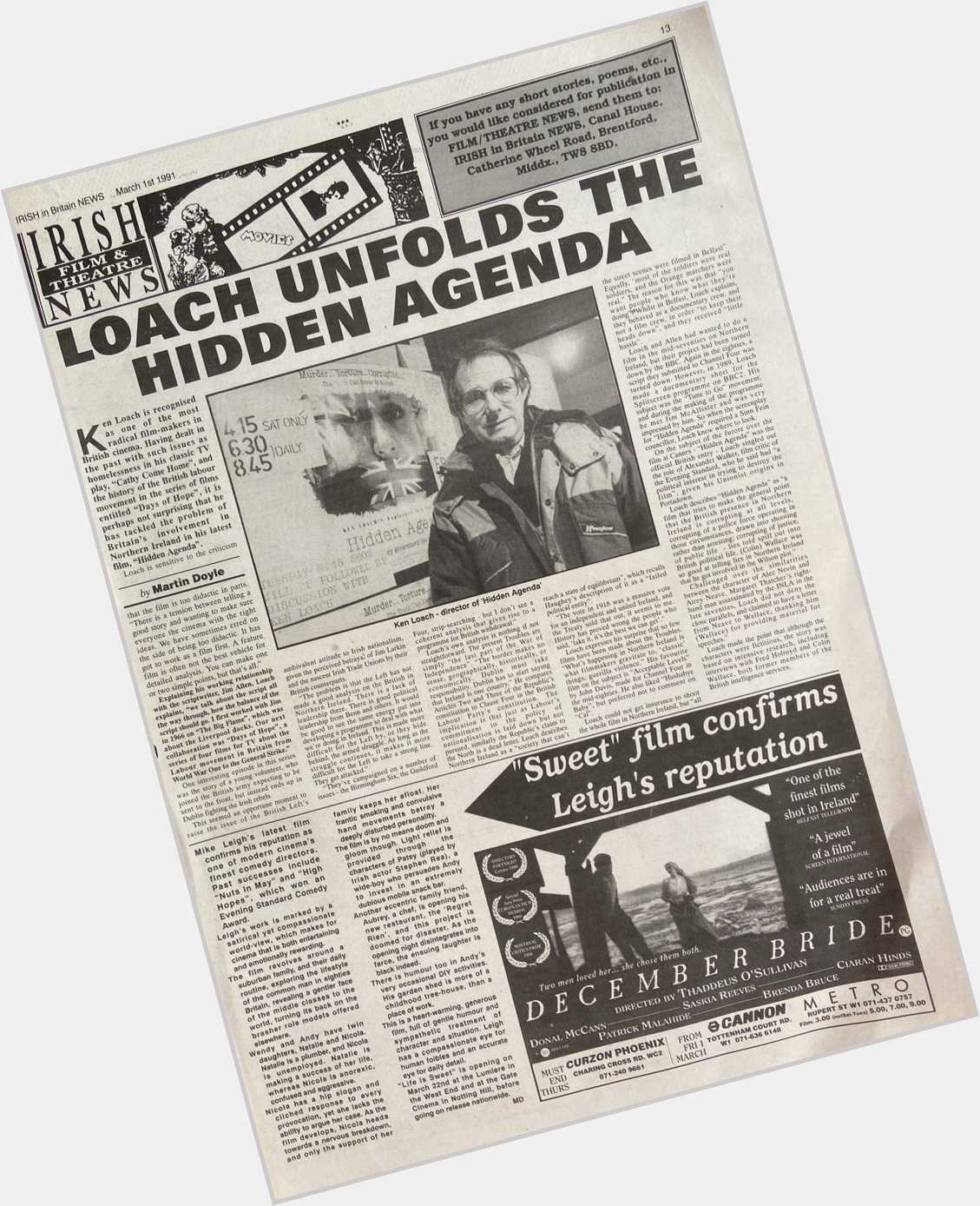 Ken Loach is 85 today, I see. Happy birthday,  An interview from 1991 about his film Hidden Agenda 