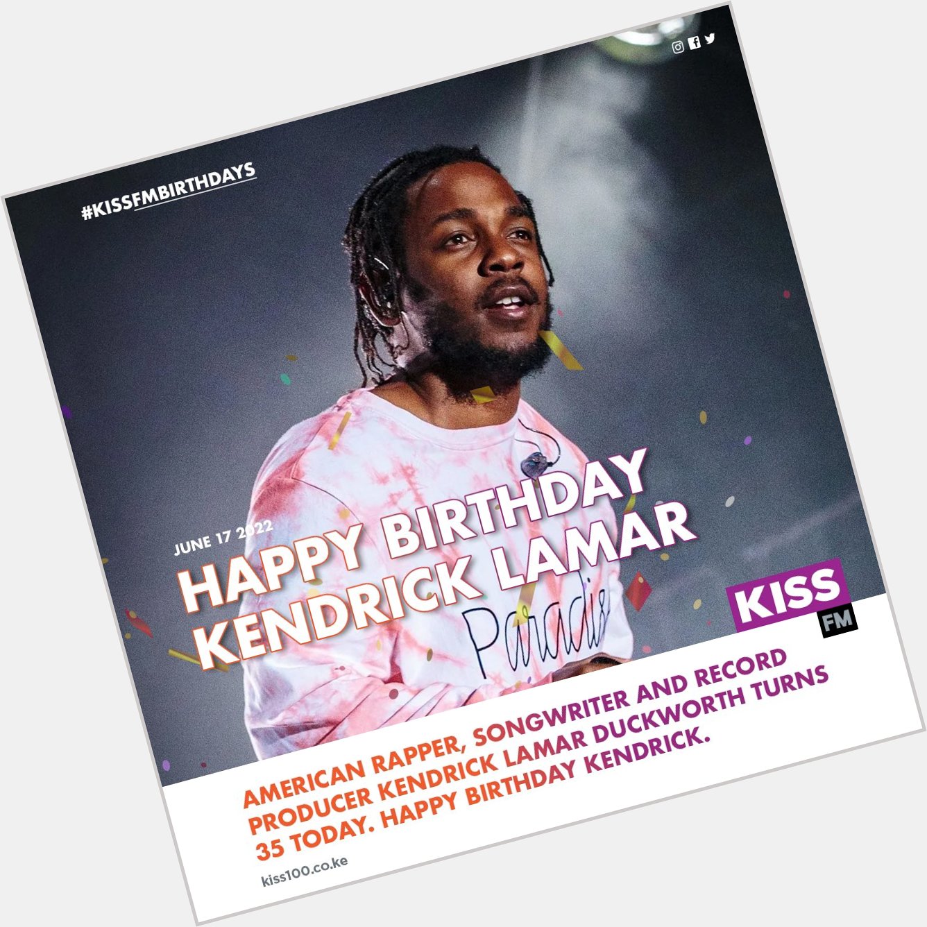 Kendrick Lamar turns 35 years old today. Happy Birthday to the legend.   