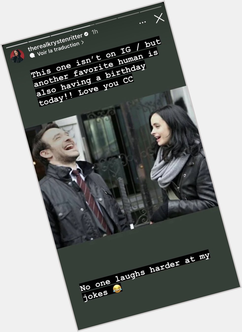 Krysten Ritter wishes a happy birthday to Charlie Cox in her Instagram story 