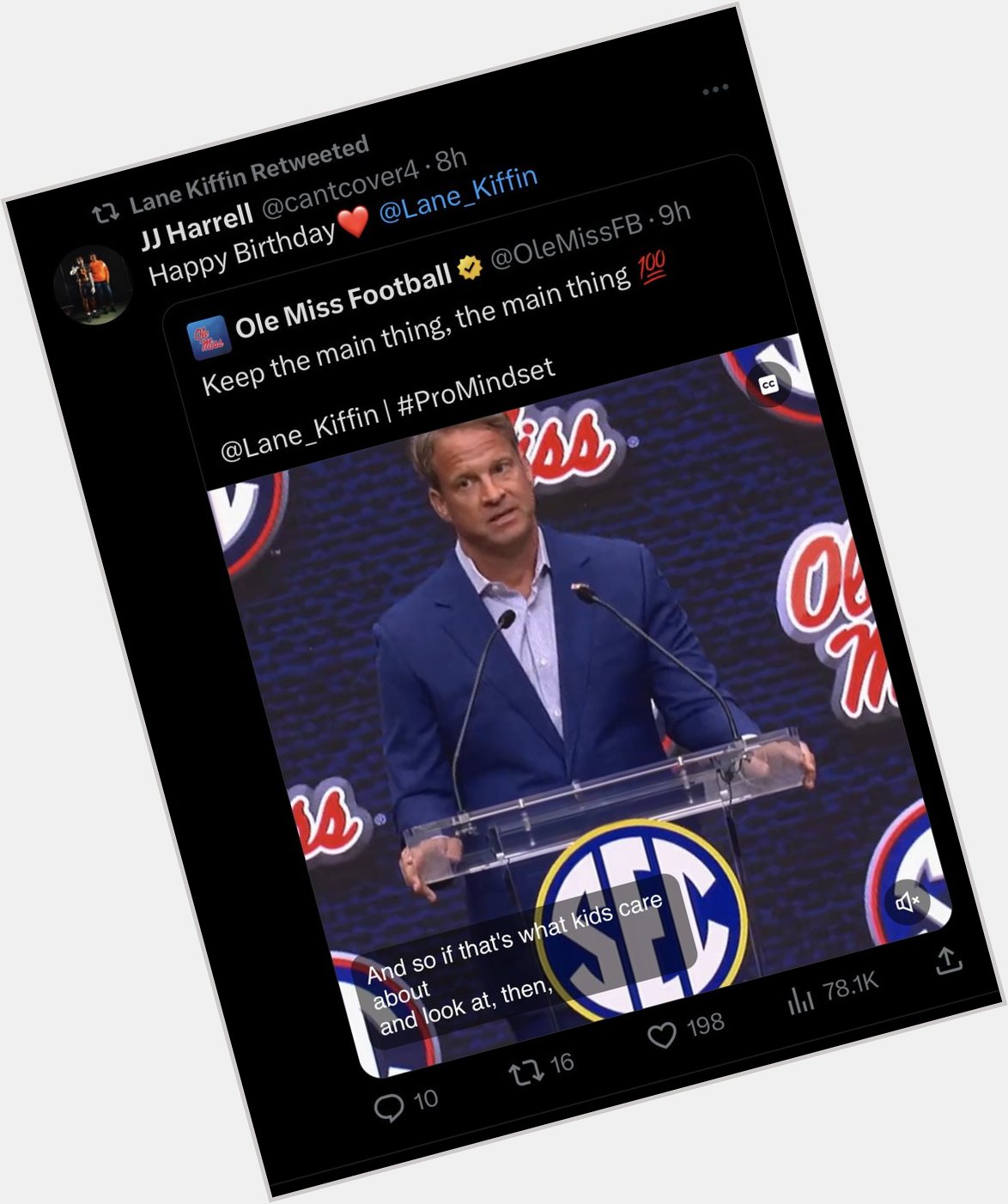 Lane Kiffin remessageing happy bday from the Vol commit is very much on brand. 