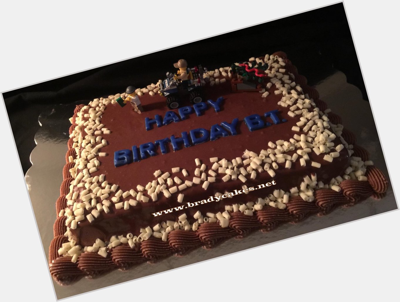Chocolate on Chocolate Ganache with White Chocolate Curls
\"Happy Birthday \Lil B.T.\" - Lego Movie Theme
Brady Cakes 