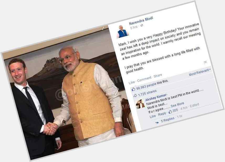 Modi wishes Happy Birthday to Mark Zuckerberg - 