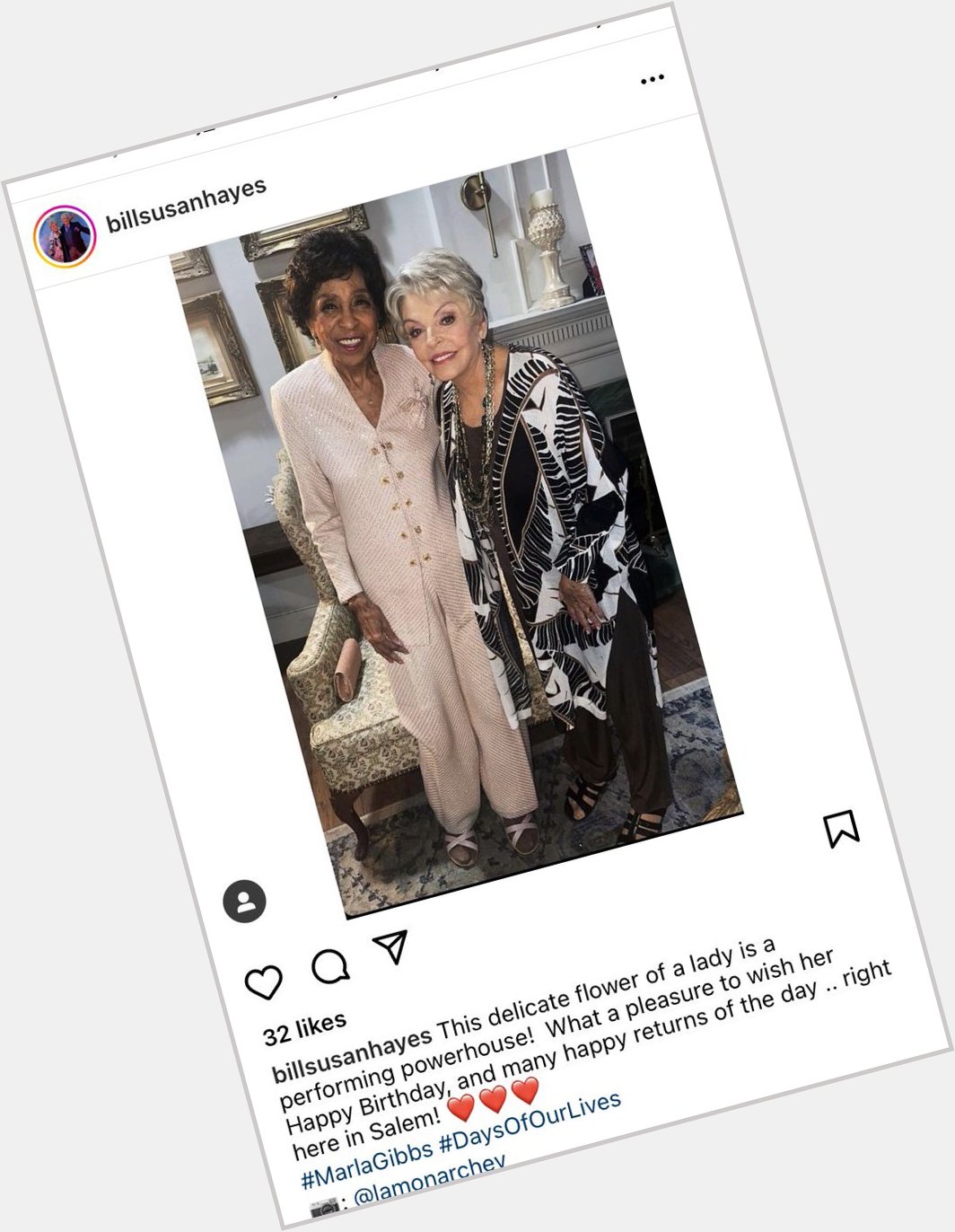 Happy Birthday to Marla Gibbs. Photo of Two of Salem Matriarchs From Bill and Susan Hayes Instagram 