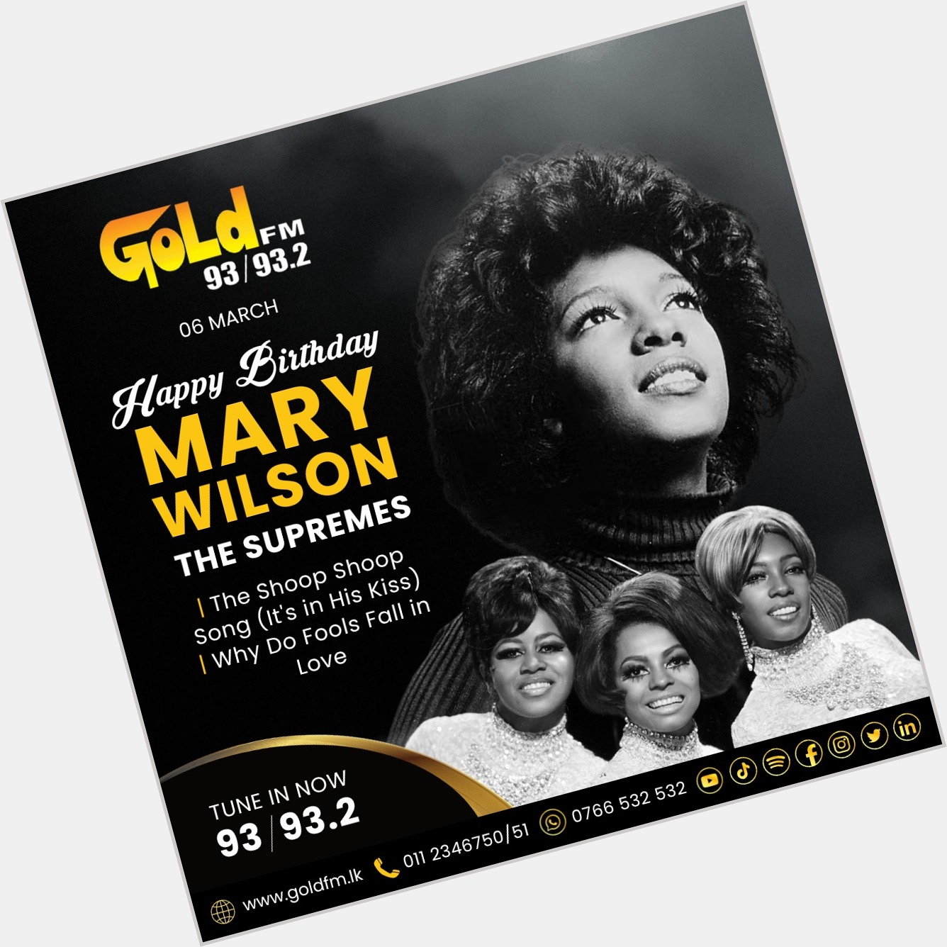 HAPPY BIRTHDAY TO MARY WILSON TUNE IN NOW 93 / 93.2 Island wide      