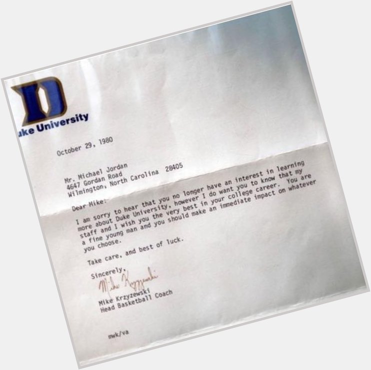 Coach K to Michael Jordan after he leaned away from the Blue Devils. Happy birthday to the   