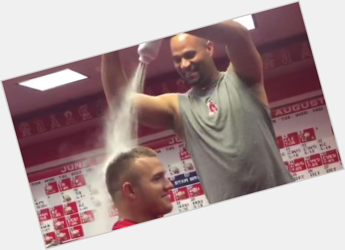 Happy birthday Mike Trout! Your gift is Albert Pujols giving you a baby powder and egg shower.  