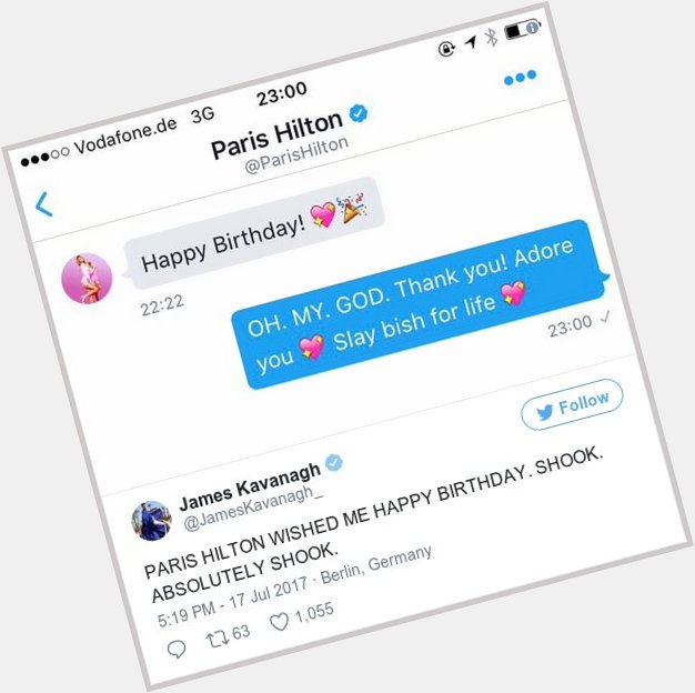 Paris Hilton slid into James Kavanagh\s DMs to wish him a happy birthday:  