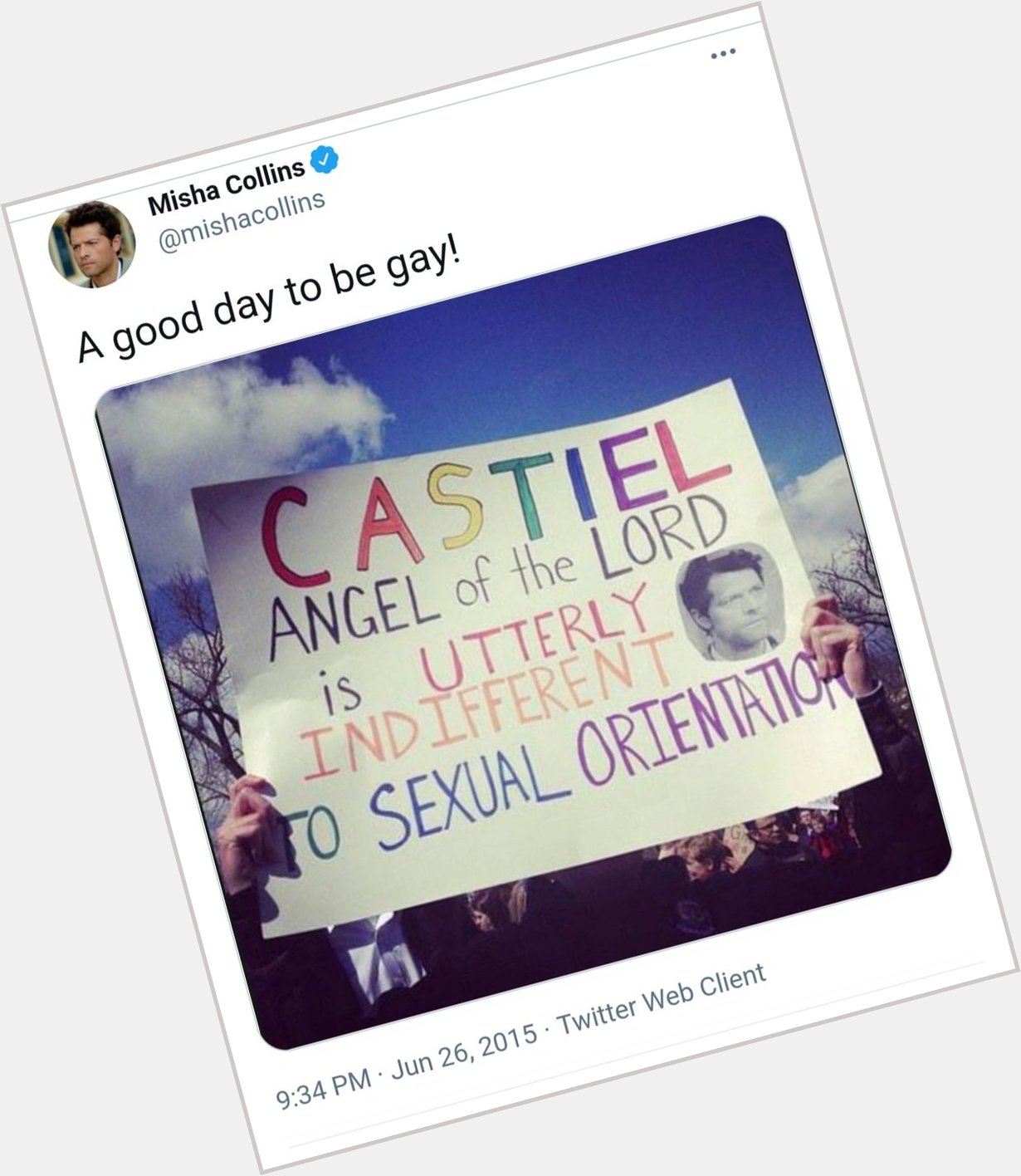 Misha Collins spreading the gay agenda like the king he is.
Happy birthday, King. 