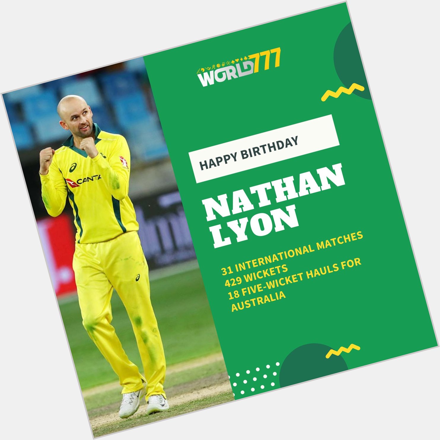 International matches 131
Wickets 429
18 five-wicket hauls

Wish You a Very Happy Birthday Nathan Lyon 