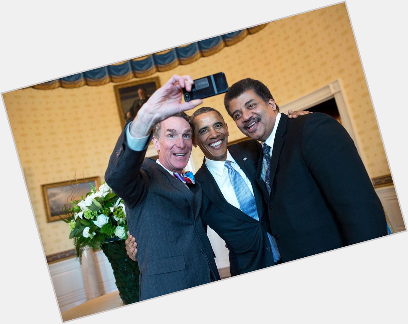 Happy birthday, Neil deGrasse Tyson, shown in this public domain photo with Bill Nye and U.S. President Obama. 