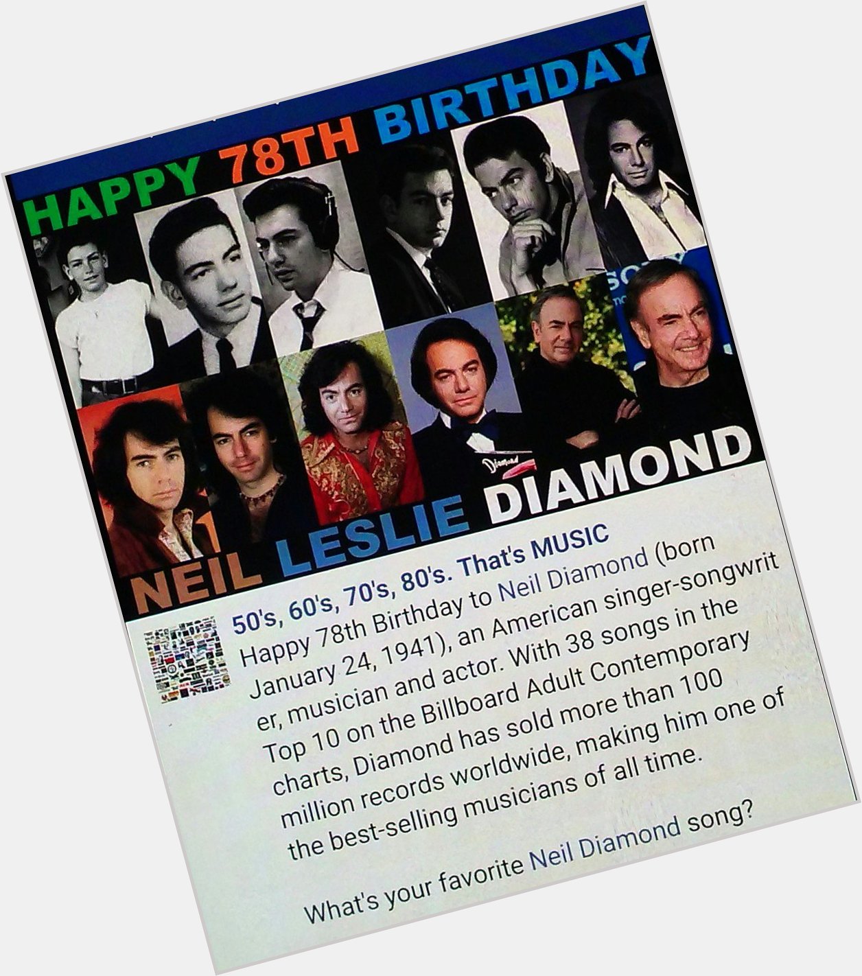 My favorite Neil Diamond song is \"SWEET CAROLINE\" ! What\s ours? HAPPY BIRTHDAY NEIL DIAMOND!!!         
