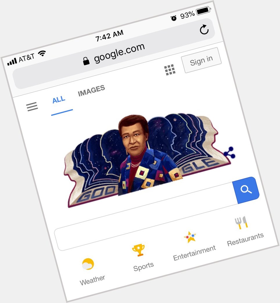 Today s Doodle honors the great Octavia E Butler. Happy 71st birthday!   
